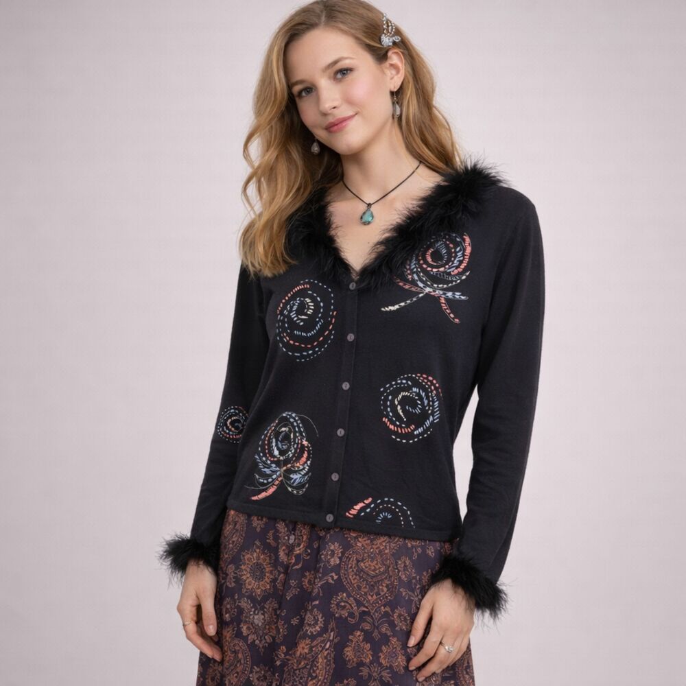 Tyler Boe Cashmere Silk Cardigan L Black Fur 70s Y2K Penny Lane Phoebe Boho